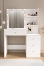 Monroe Makyaj Masası 4 Çekmeceli Düzenleyici Hollywood Led Işıklı Raflı Beyaz MO2-W